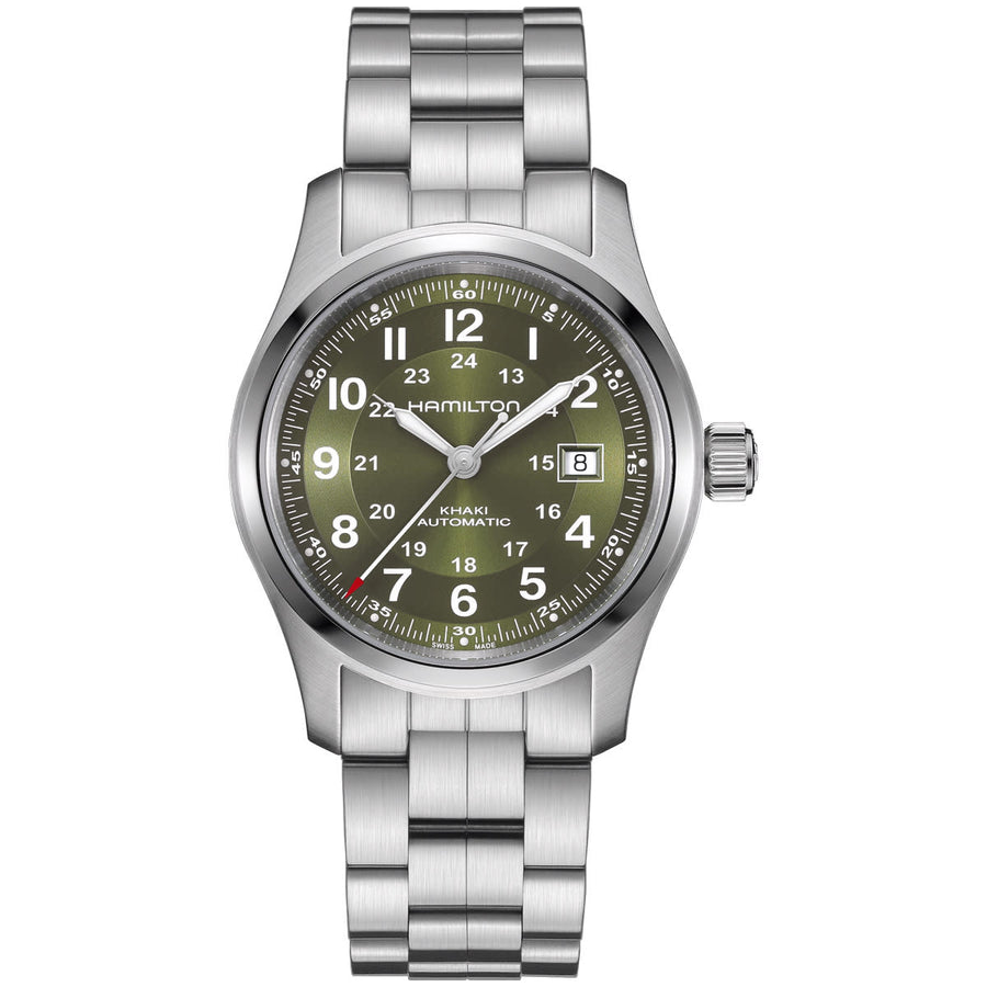 42mm Khaki Field Auto Watch with Green Dial in Stainless Steel, Bracelet