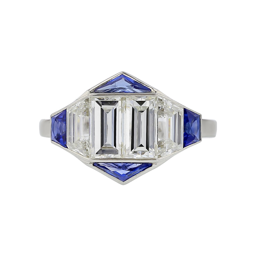 1.44ct Emerald Cut Diamonds 0.98ct Trapazoid Diamonds and 0.83ct Sapphire Ring in Platinum, Size  6.25