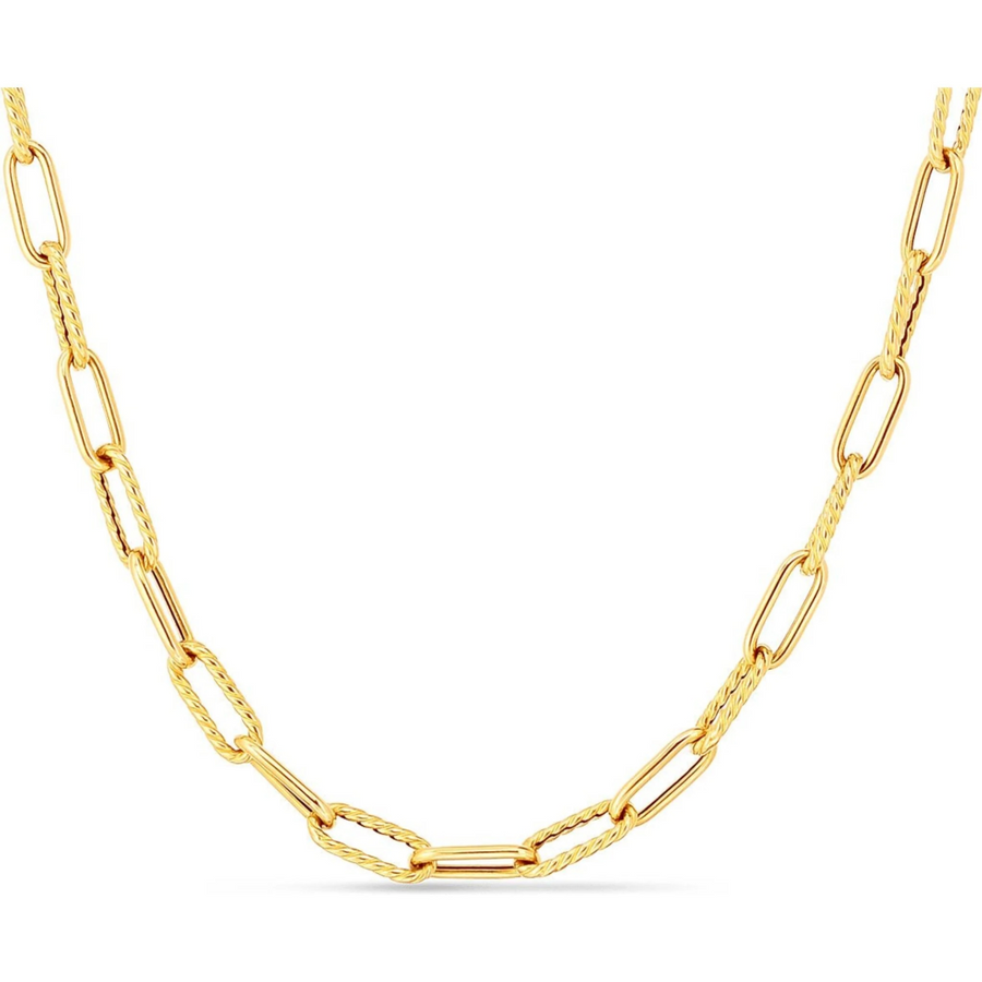 Alternating Shiny and Fluted Paperclip Chain in 18K Yellow Gold, 17in