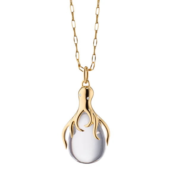 Intuition 21.09ct Rock Crystal and 0.01ct Diamond Octopus Pendant in 18K Yellow Gold, 17" chain