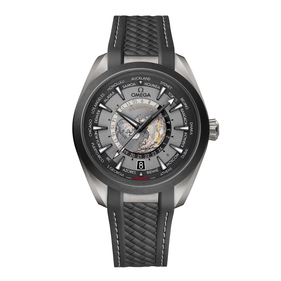 43mm Seamaster Worldtimer Aqua Terra with Grey Index Dial in Titanium, Rubber Strap
