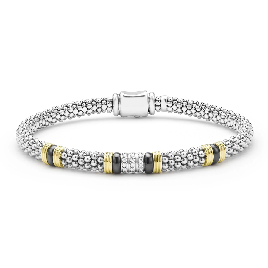 Black Caviar 0.15ct Diamond 6mm Stationed Rope Bracelet in Sterling Silver, 18K Yellow Gold and Ceramic, size 7