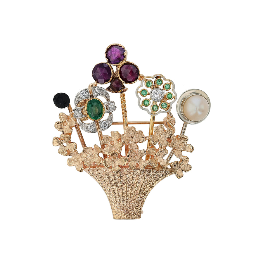 Retro Amethyst, Emerald, Diamond, and Pearl Flower Basket Pin in 14K Yellow Gold