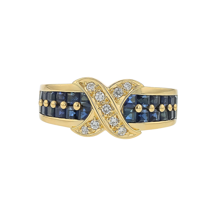 0.08ct Diamond and Square Sapphire X Ring in 18K Yellow Gold, size 6.75
