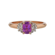 0.95ct Cushion Ceylon Sapphire and 0.37ct Diamond 3-Stone Ring in 18K Rose Gold, Size 6