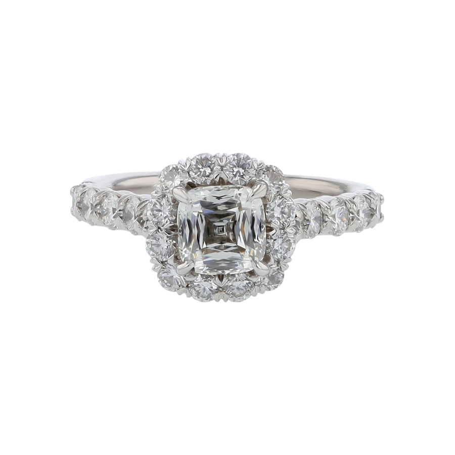 1.14ct Criss Cut Cushion Diamond GIA and 0.98 Full Cut Diamond Halo Ring in Platinum