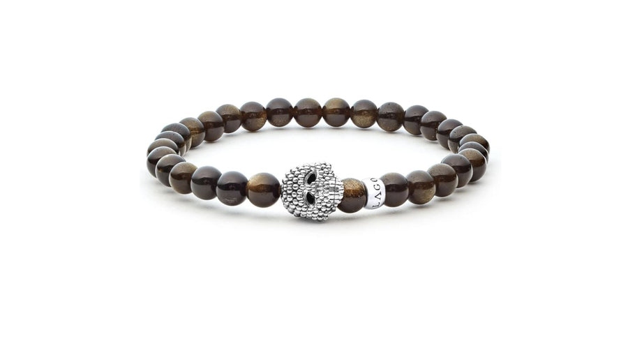 Signature Caviar Anthem Golden Obsidian Skull Stretch Bracelet with Sterling Silver, Size 7