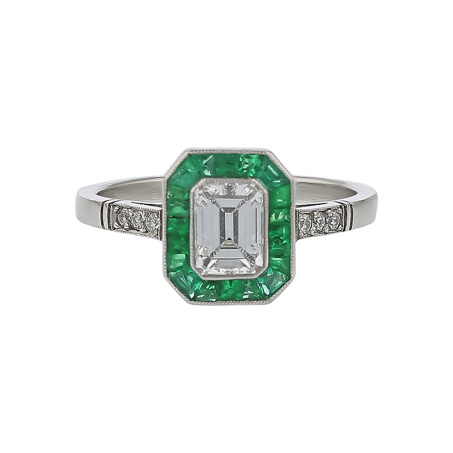 0.74ct Emerald Cut and 0.06ct Round Diamond and 0.68ct Emerald Halo Ring in Platinum, size 6.5