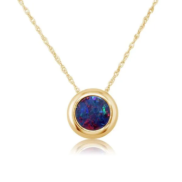 0.64Ct Australian Opal Doublet Round Bezel Pendant on Chain in 14k Yellow Gold, 18in