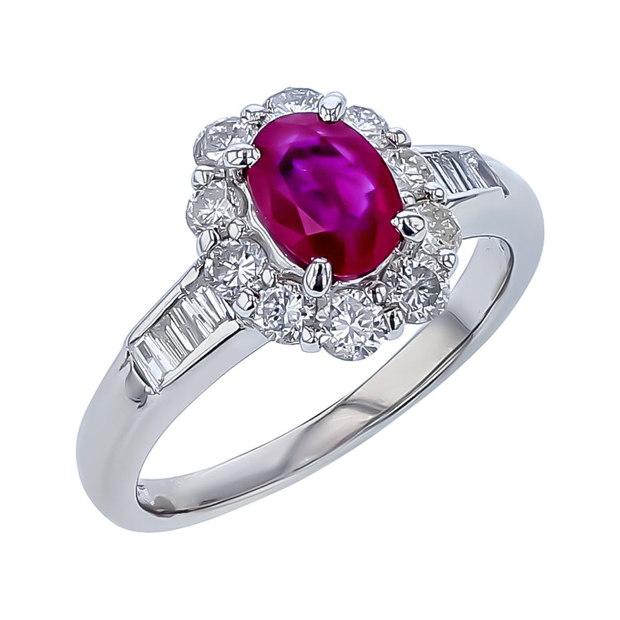 1.07ct Ruby and 0.82ct Diamond Halo Ring in Platinum, size 6.25