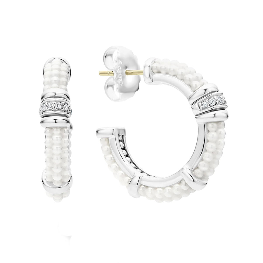 Diamond White Caviar Hoop Earrings in Sterling Silver, 18K Yellow Gold and White Ceramic, 12mm
