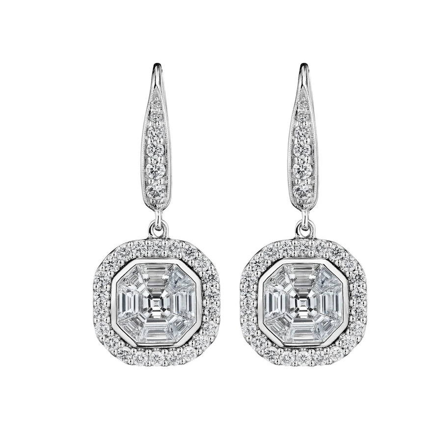 1.72ct Diamond Asscher Illusion Halo Drop Earrings in 18K White Gold