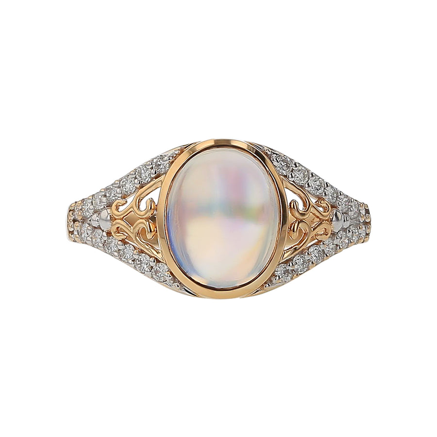 2.28ct Rainbow Moonstone and 0.20ct Full Cut Diamond Ring in 14K Yellow Gold