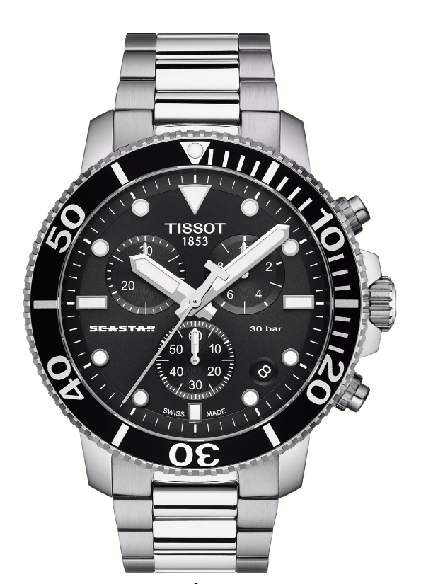 45.5mm Seastar 1000 Chronograph Watch with Black Dial in Stainless Steel, Bracelet