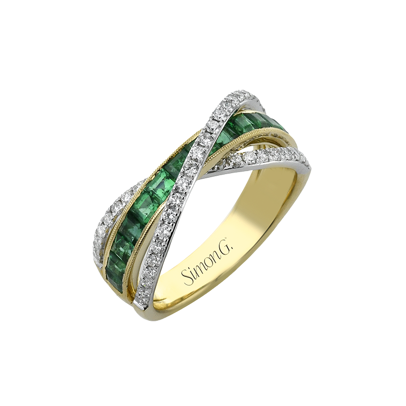 Baguette Emerald and Diamond Ring in 18K Yellow and White Gold, Size 6.5