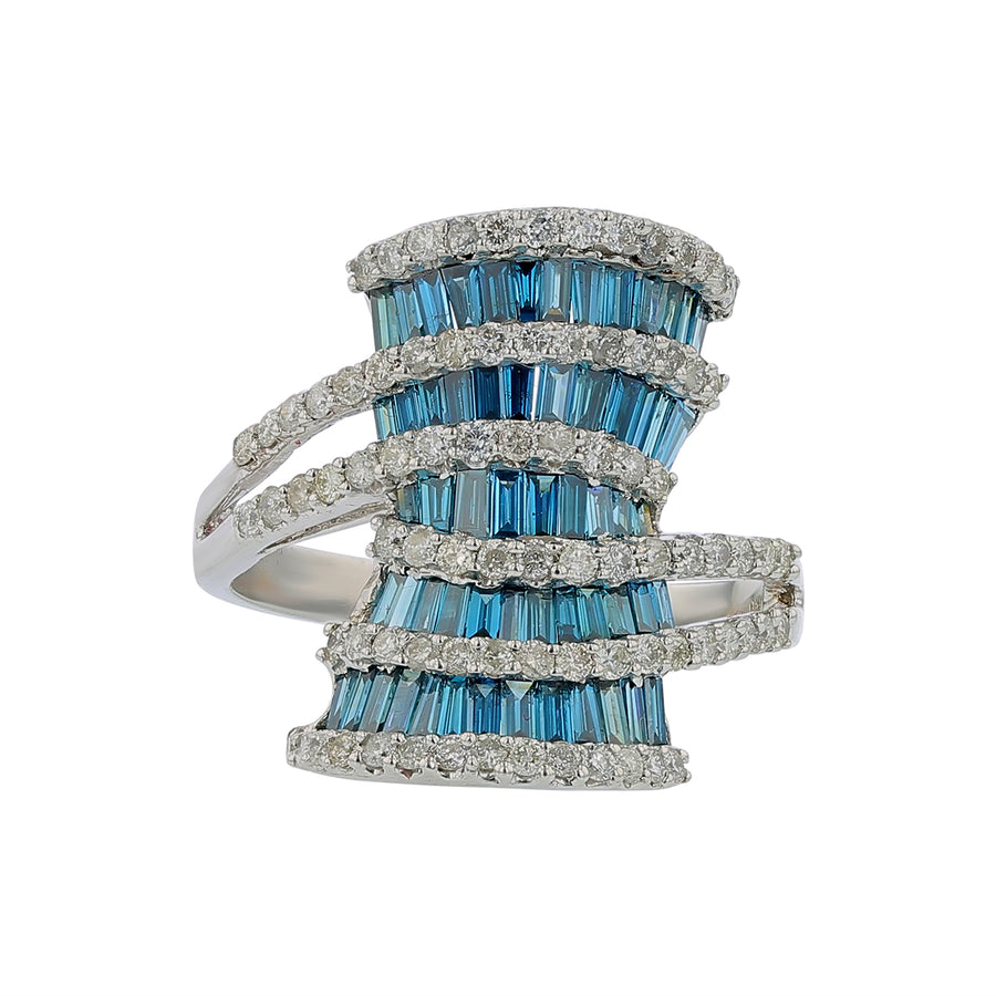 Baguette Blue Diamond and Round White Diamod Multi Crossover Ring in 14K White Gold, size 9.25