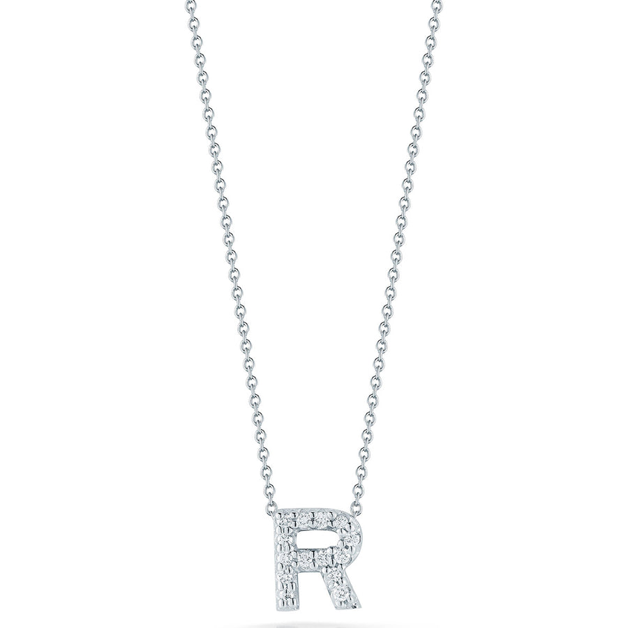 Tiny Treasures 0.06ct Diamond Love Letter "R" Pendant in 18K White Gold, 16-18" chain