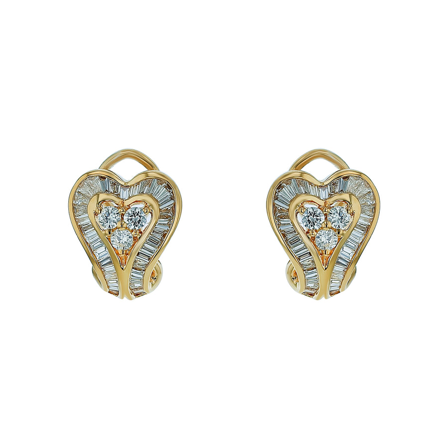 2.60ct Baguette Diamond and 0.42ct Diamond Heart Shaped Halo Earrings in 18K Yellow Gold