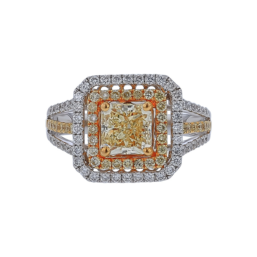 1.50ct Yellow Diamond and 2.40ct Diamond Halo Ring in 18K Yellow and White Gold, size 6.75