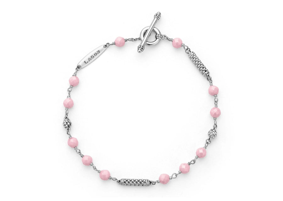 Caviar Icon 4mm Beaded Station Bracelet in Sterling Silver and Pink Ceramic, Size 6