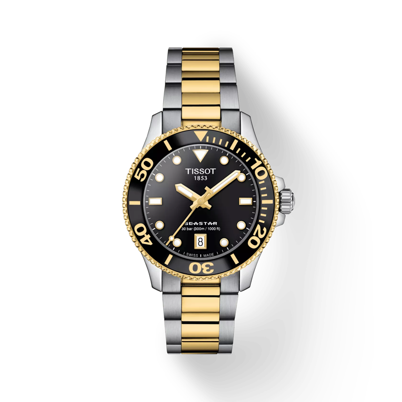36mm Seastar 1000 Watch with Black Dial in Stainless Steel with Yellow Gold PVD, Bracelet