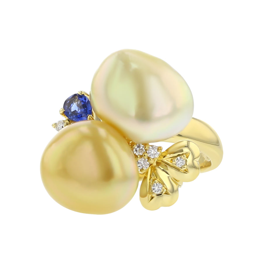 18K Yellow Gold 12mm Pearl and 0.10ct Diamond and 0.20ct Sapphire Ring, size 8