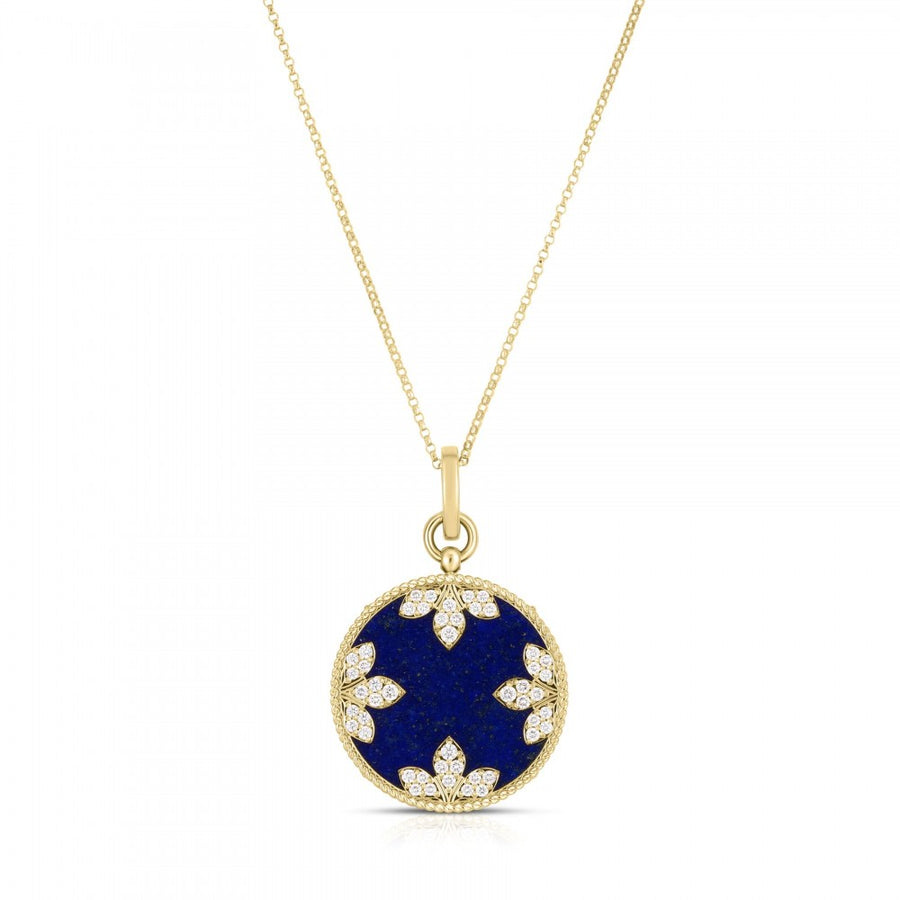 Colored Medallion 0.52ct Diamond and Blue Lapis Pendant in 18K Yellow Gold, 15-18" chain