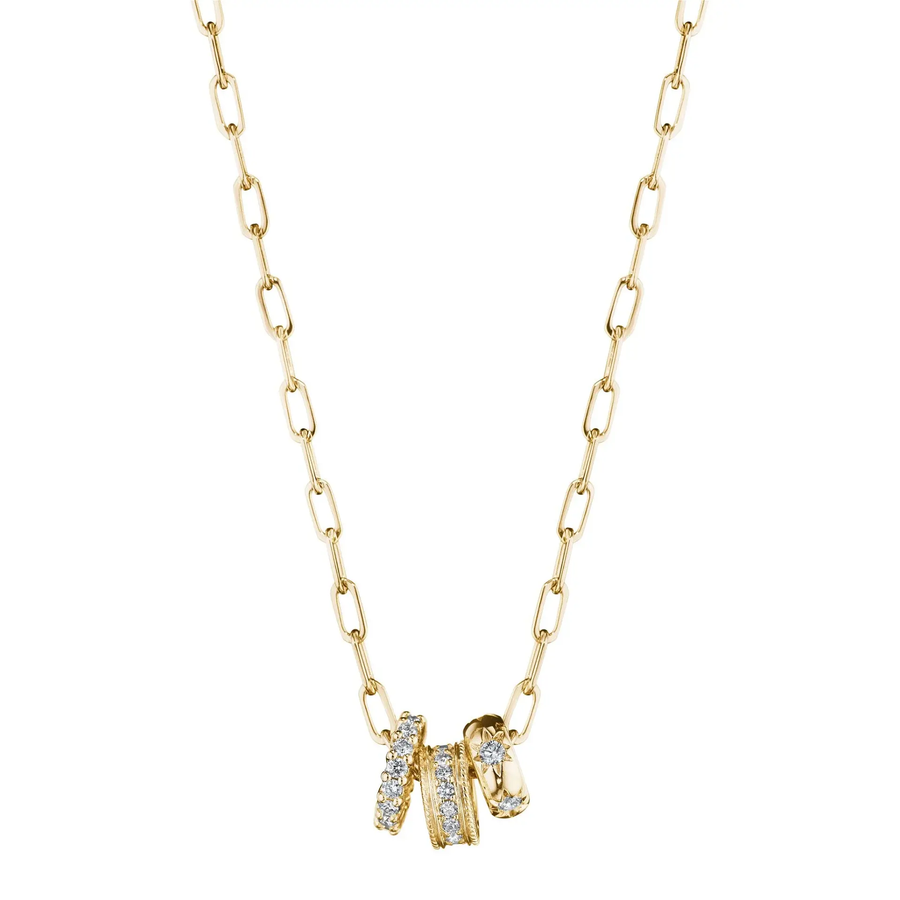 0.63ct Diamond 3 Ring Pendant in 18K Yellow Gold, 18" Paperclip Link Chain