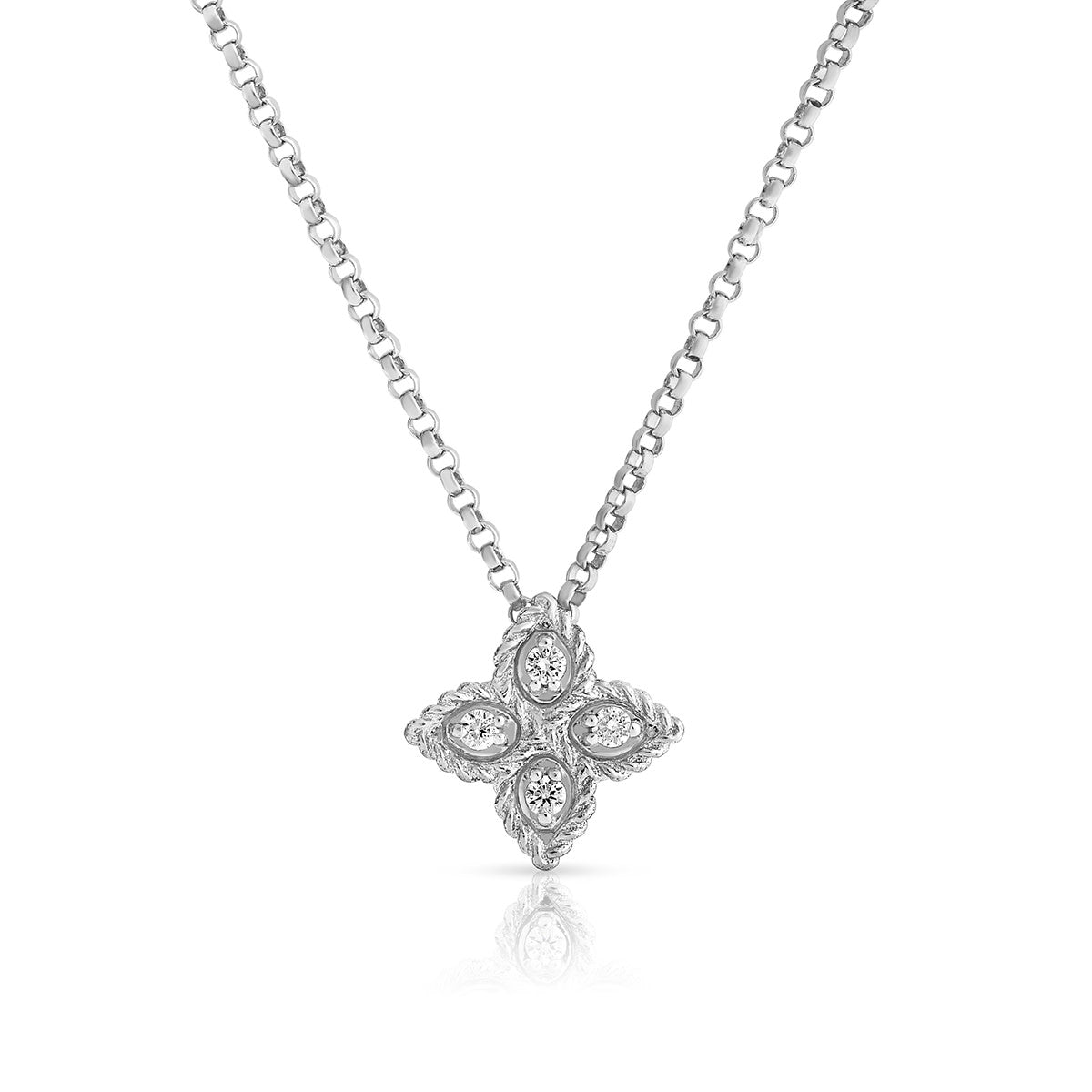 Princess Flower Diamond Pendant in 18K White Gold, Adjustable Chain