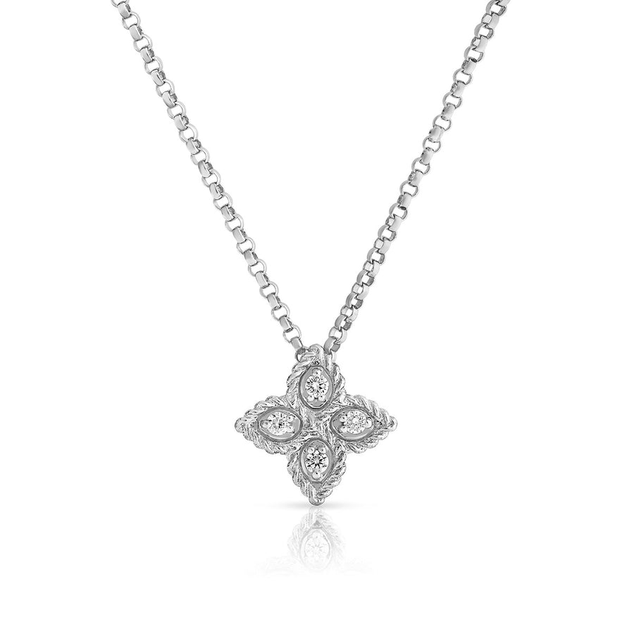 Princess Flower Diamond Pendant in 18K White Gold, Adjustable Chain