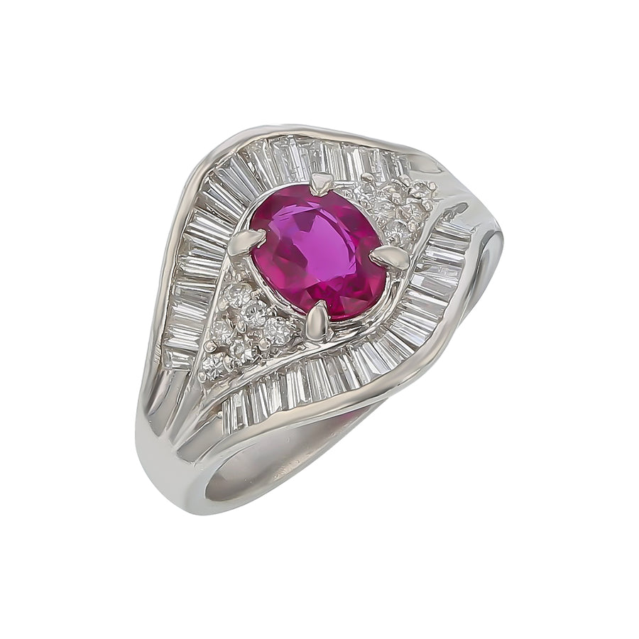 1.06ct Baguette and Round Diamond and 0.89ct Oval Ruby Ring Platinum, Size 5.5