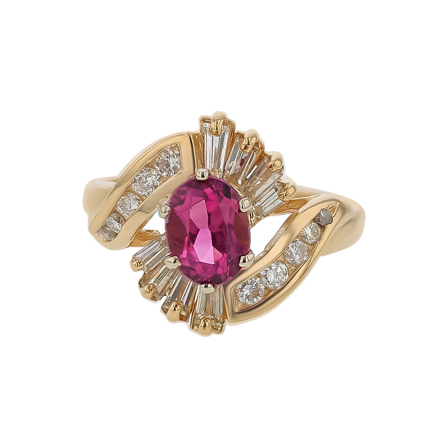 1.48ct Pink Oval Tourmaline and 0.73ct Diamond Halo Ring in 14K Yellow Gold, size 8.25