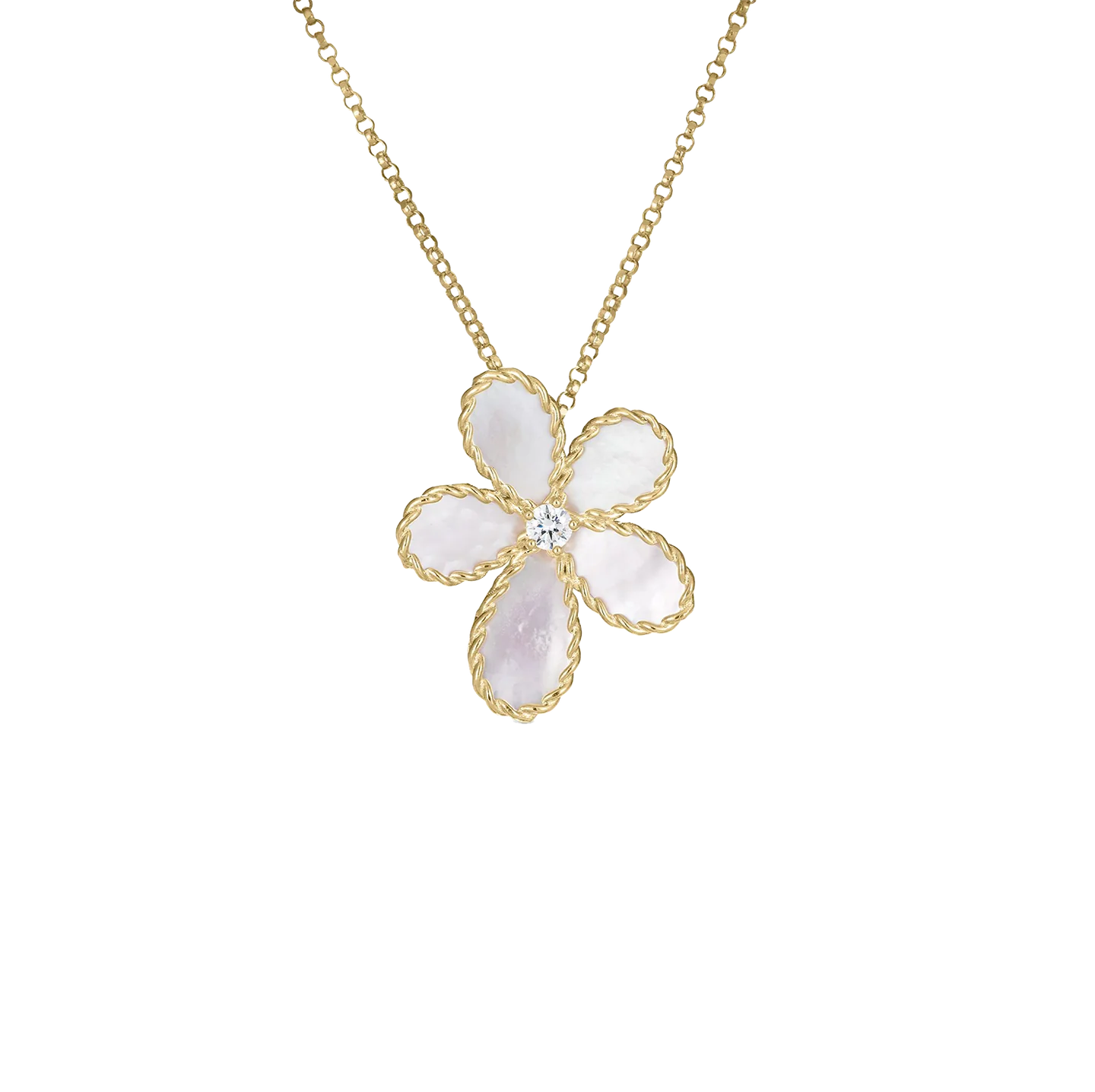 Diamond and Mother of Pearl Flower Pendant in 18K Yellow Gold, 18in