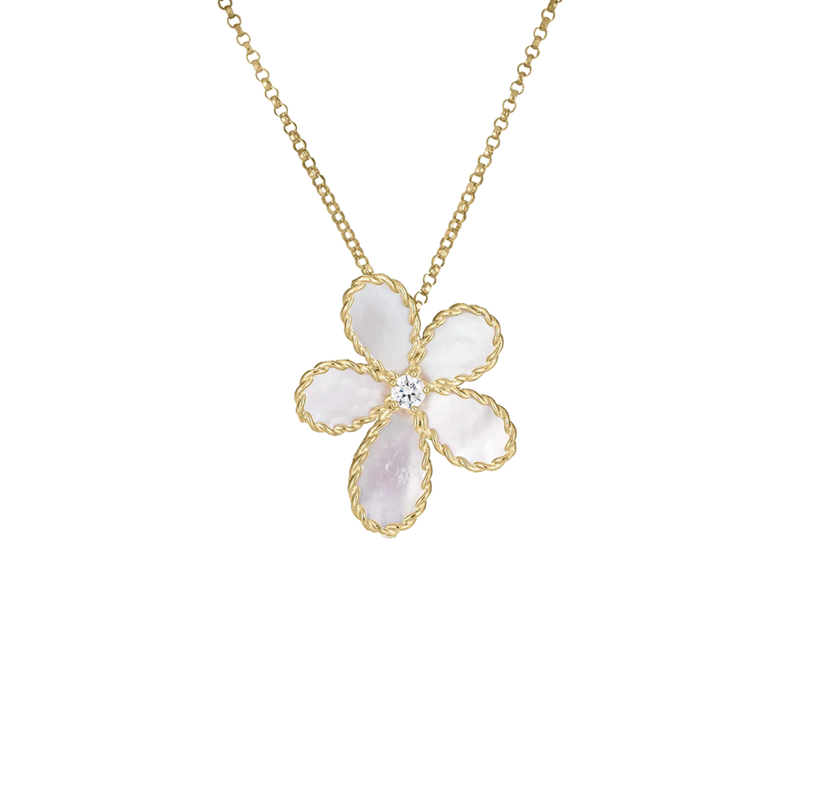 Diamond and Mother of Pearl Flower Pendant in 18K Yellow Gold, 18in