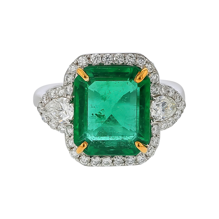 5.11ct Emerald and 0.85ct Diamond Halo Ring in 18K White Gold, size 7