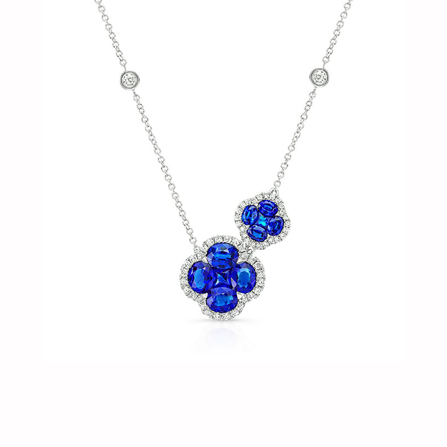 Princess Cut Sapphire and Diamond Two Piece Halo Necklace in 18K White Gold, 16in