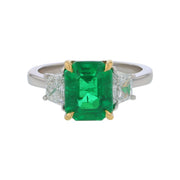 2.78ct Emerald Cut Zambian Emerald and 0.64ct Trapezoid Diamond Ring in 18k Yellow and Platinum, Size 6.5