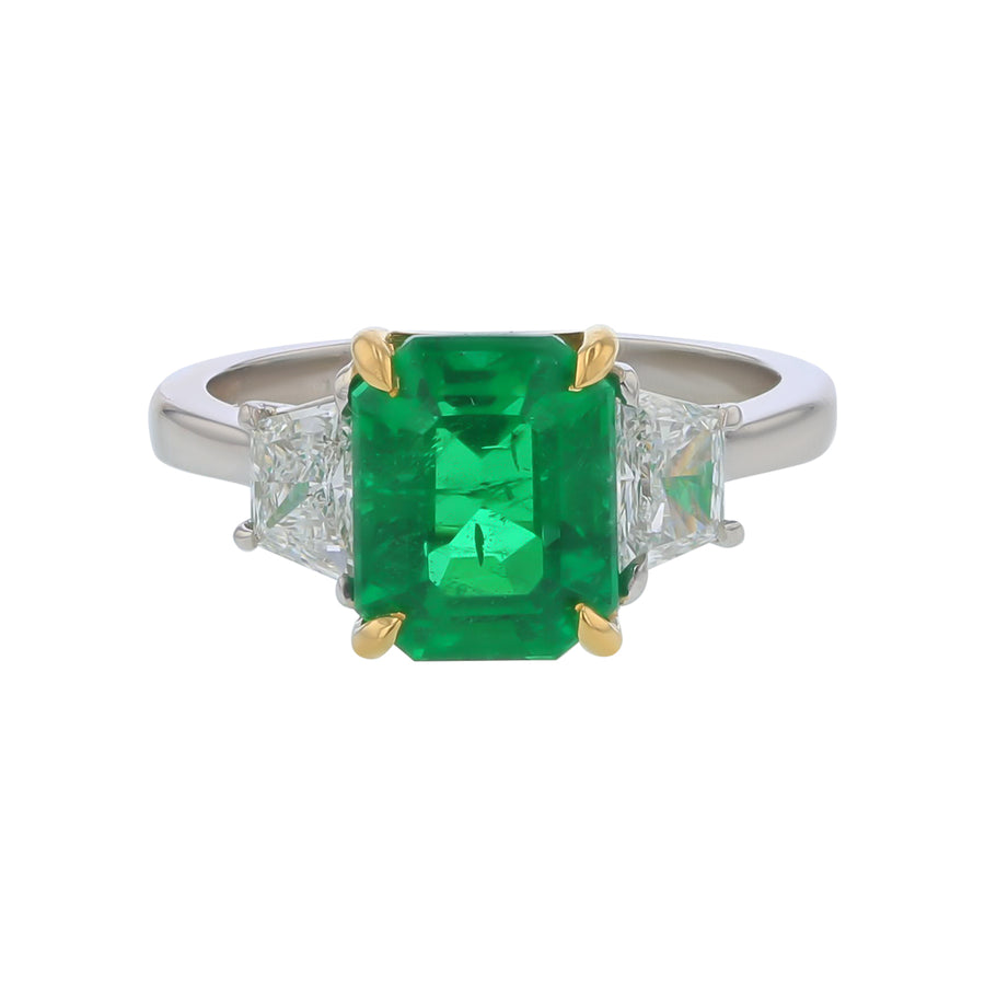 2.78ct Emerald Cut Zambian Emerald and 0.64ct Trapezoid Diamond Ring in 18k Yellow and Platinum, Size 6.5