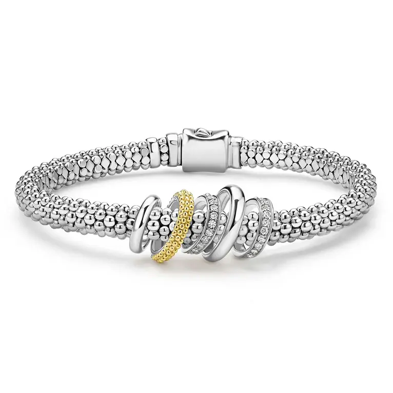 Caviar Lux 0.27ct Diamond 5 Ring 6mm Rope Bracelet in Sterling Silver and 18K Yellow Gold, size medium