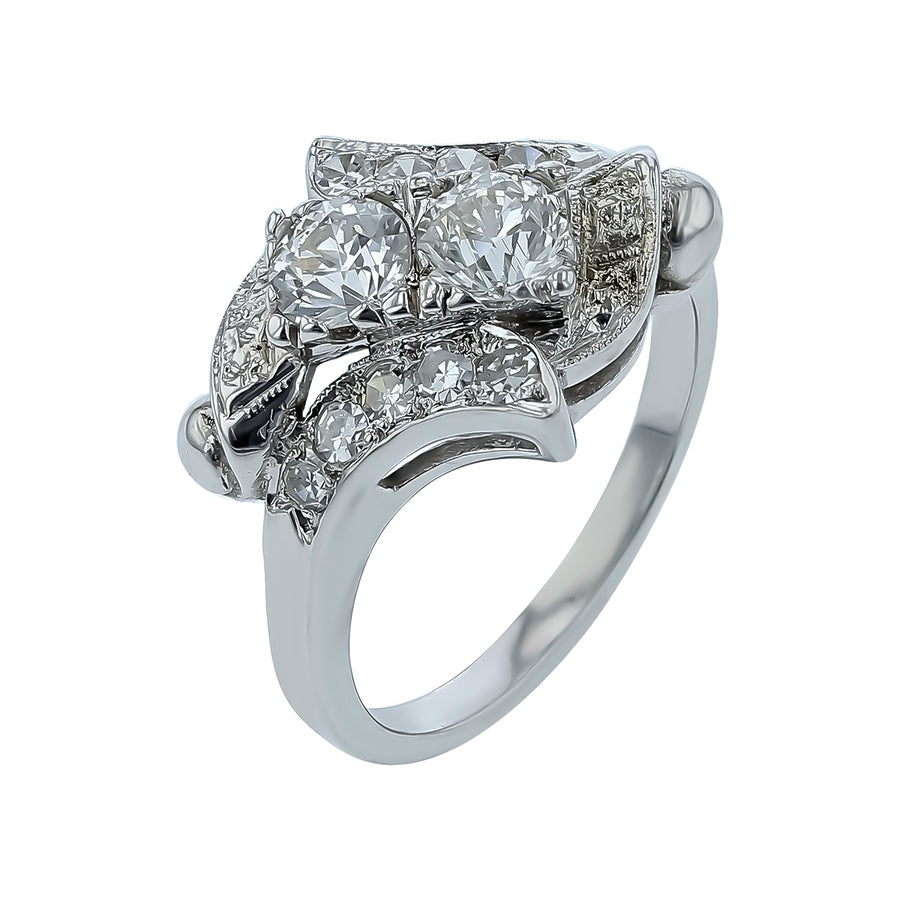 Mid Century 0.55ct Diamond and 0.22ct Diamond Ring in 14K White Gold Circa 1940s, size 6