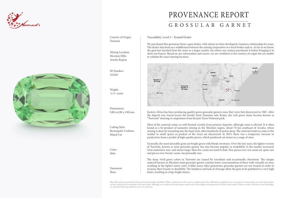 2.15ct Oval Tanzanian Mint Green Garnet and 0.52ct Diamond Ring in 18K White Gold, size 6.75