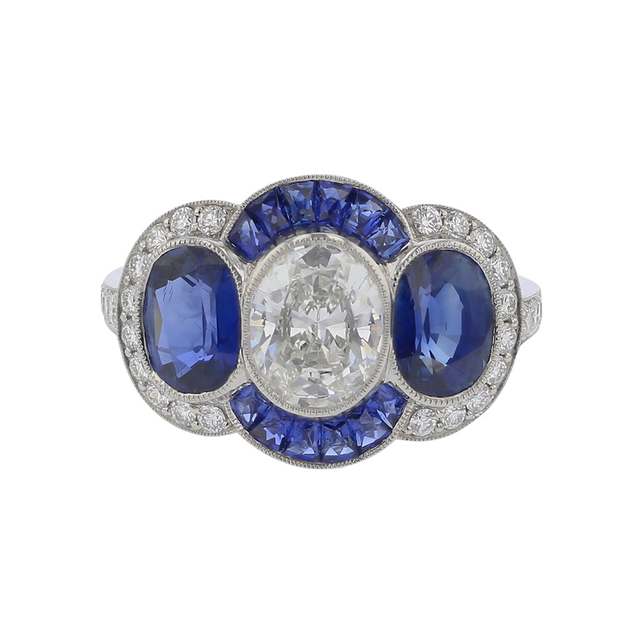 1.03ct Oval Diamond GIA 0.34ct Full Cut Diamonds 2.17ct Oval Sapphires and 0.45ct French Cut Sapphires Ring and Platinum