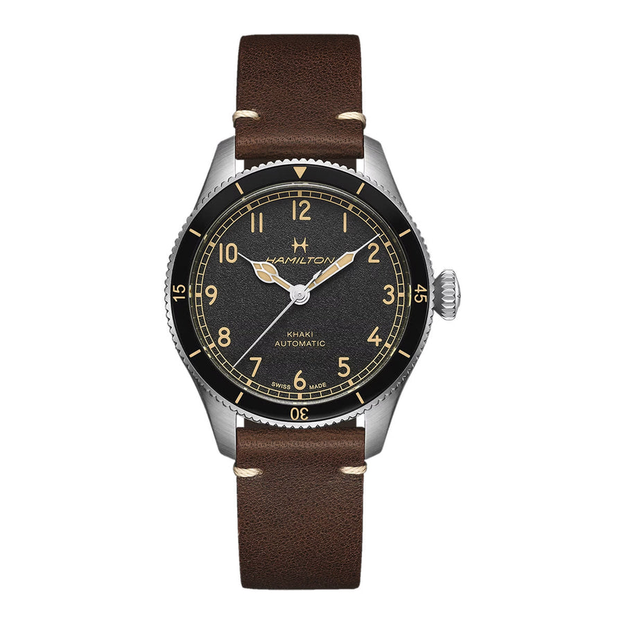38mm Khaki Aviation Pilot Pioneer Watch with Black Dial in Stainless Steel, Strap