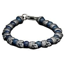 BB4BD Fellowship Beaded Bracelet in Blue Dumorierite Sterling Silver Skulls, Large