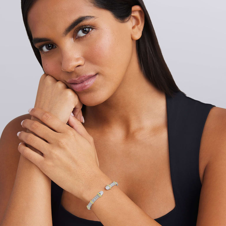 Caviar Versa Diamond Cuff Bracelet in Sterling Silver and 18K Yellow Gold, size 7
