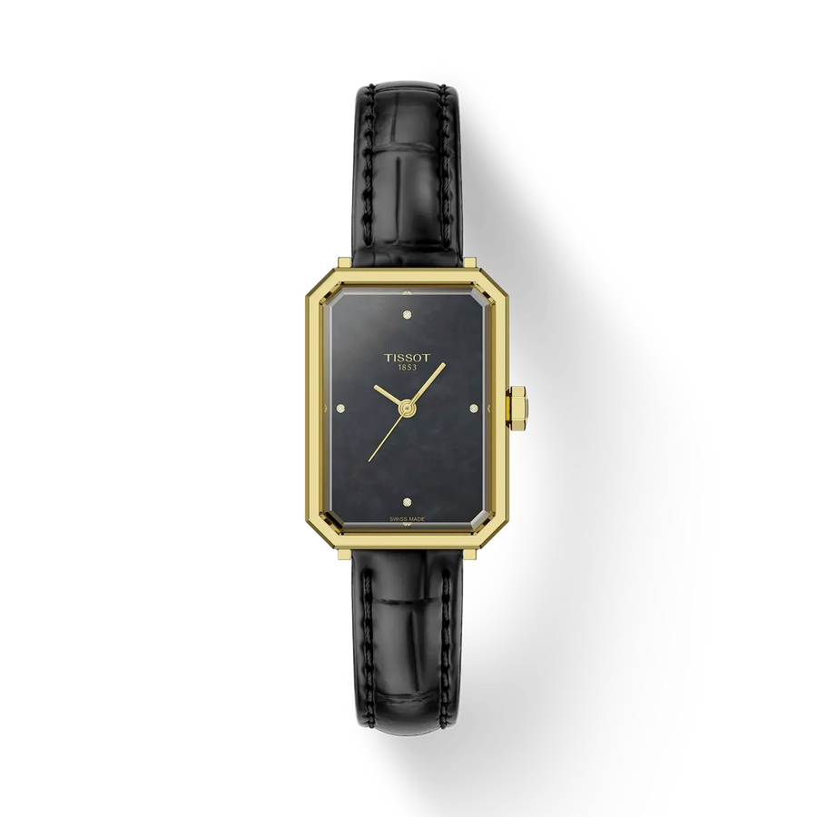30mm SRV Quartz Watch with Black Mother of Pearl Dial in Stainless Steel with Yellow Gold PVD, Strap