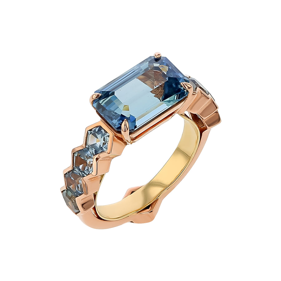 5.01ct Emerald Cut Madagascar Sapphire, 2.30ct Hexagon Montana Sapphire and 0.01ct Diamond Ring in 18K Rose Gold, size 7.5