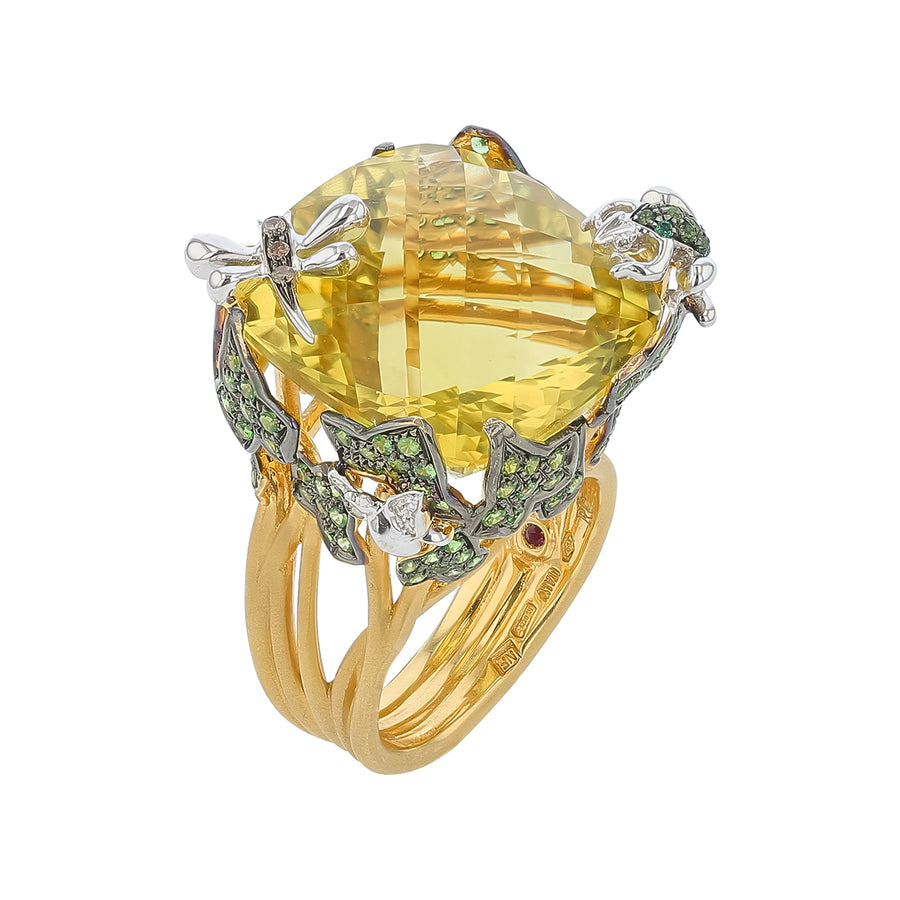 Garden 30.95ct Quartz, 1.35ct Tsavorite, 0.06ct Diamond and Sapphire Ring in 18K Yellow and White Gold