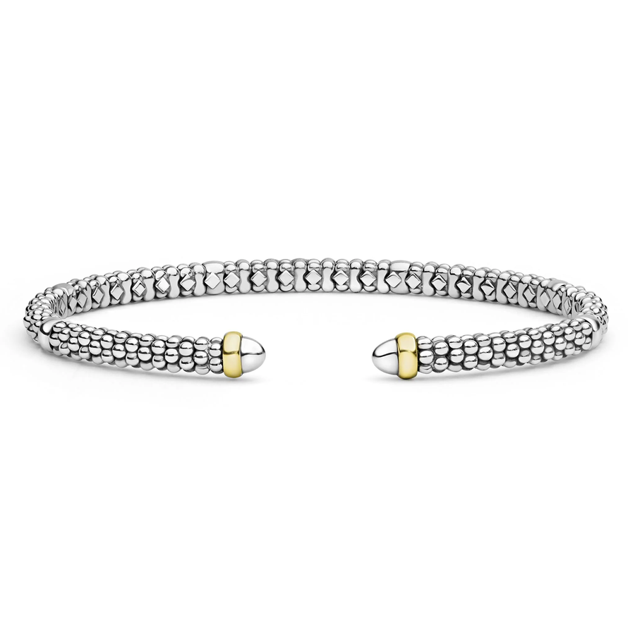 Signature Caviar 3mm Beaded Cuff Bracelet in 14K Yellow Gold and Sterling Silver, size medium