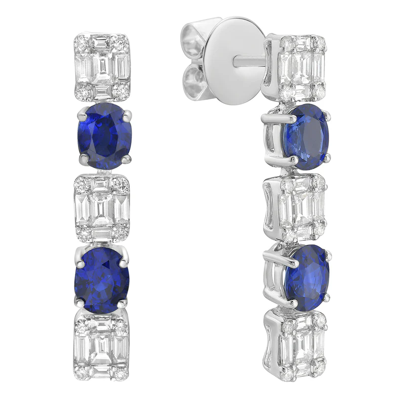 1.70ct Oval Sapphire and 0.88ct Baguette and Round Diamond Drop Earrings in 128K White Gold